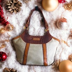 BRAHMIN Luxury Vintage Burlap and Melbourne Embossed Finished Leather Bag